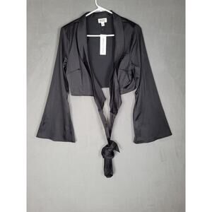 The Drop Women's Black Satin Bell Sleeve Wrap Top Small